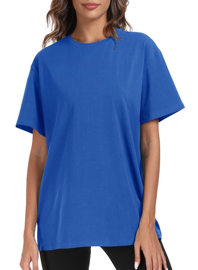 PRIMODA Womens Oversized Short Sleeve T Shirts Trendy Crew Neck Loose Workout Tee Casual Summer Tops Cotton(Royal Blue L) - Image 1
